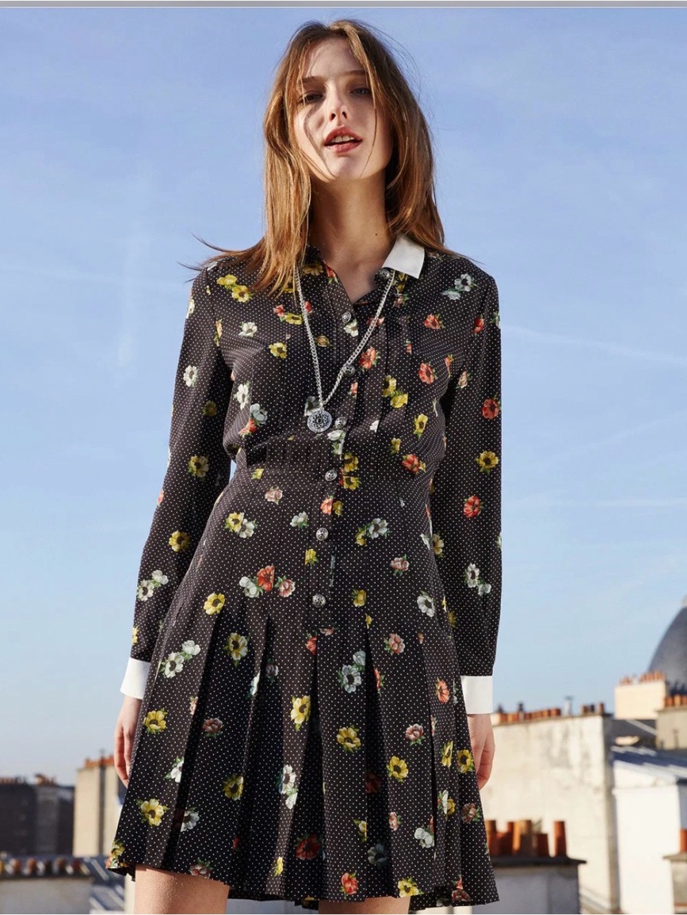 The Kooples 100% Silk Black Polka Dot Floral Dress with White Collar Sz  XS